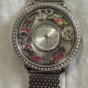 Origami Owl Silver Watch with Pink Crystal Charms and Green Frog Accent